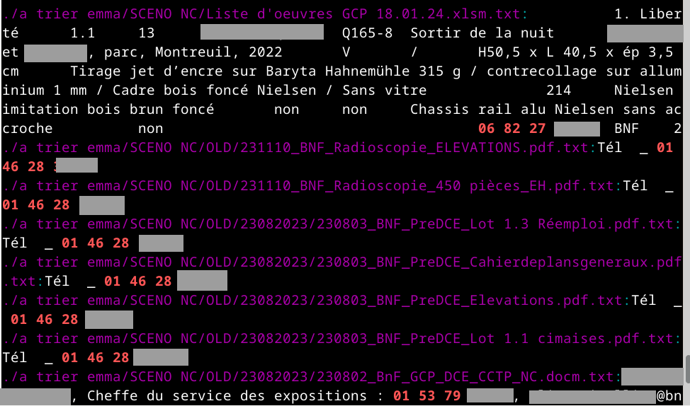 Capture d'écran d'un terminal. On y trouve des résultats, introduits par le nom de fichier où l'occurrence a été trouvée, en violet, puis en blanc du texte contenant des informations personnelles partiellement cachées par l'auteur, notamment des numéros de téléphone en rouge. Les noms de fichier se terminent par ".pdf.txt" mais aussi par ".docm.txt" et ".xlsm.txt".