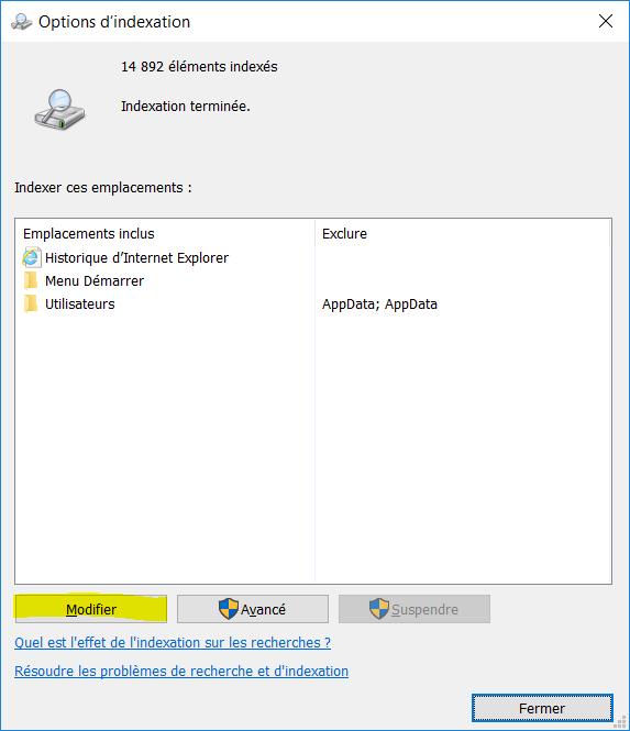 Fenêtre d'options d'indexation de Windows où l'on voit la liste des emplacements indexés. Il est possible de modifier cette liste en cliquant sur le bouton 