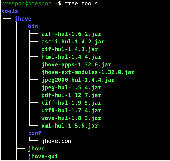 Capture d'écran d'un terminal. En haut, on voit la ligne de commande "tree tools". En dessous s'affiche une arborescence avec les noms des répertoires en bleu et les fichiers contenus en blanc ou en vert (s'ils sont exécutables).