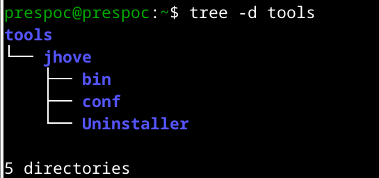 Capture d'écran d'un terminal. En haut, on voit la ligne de commande "tree -d tools". En dessous s'affiche une arborescence avec uniquement les noms des répertoires en bleu.
