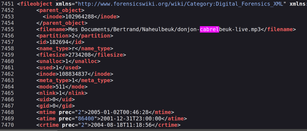 Capture d'écran d'un extrait du rapport de fiwalk pour un fichier supprimé. On y voit le chemin absolu du fichier et son nom, ainsi que les dates de création, modification et dernier accès.