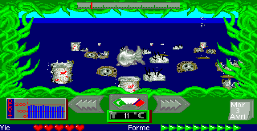 Capture d'écran du jeu "L'aventure du saumon". Le saumon est en train de remonter un bief, en vue TPS.