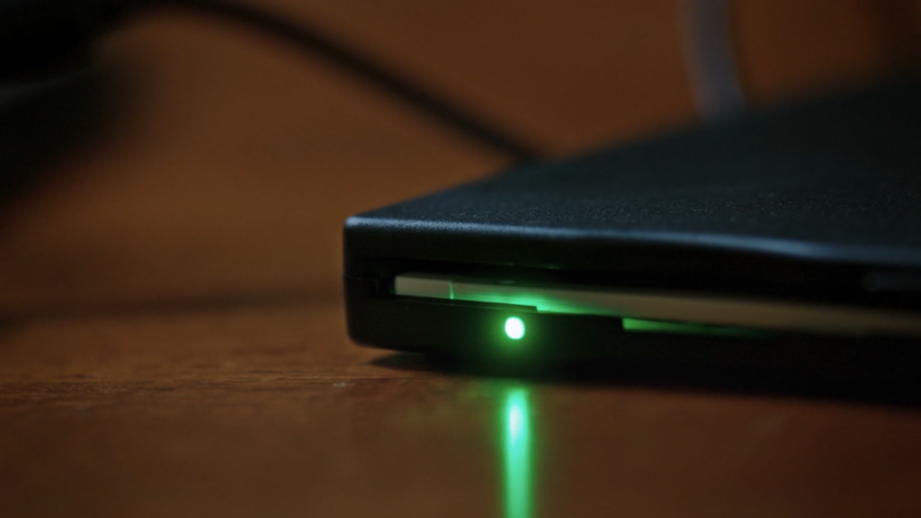 Capture d'écran du film La découverte de la chouette d'or. On y voit un lecteur de disquettes externe USB noir en focntionnement.